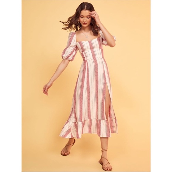 Reformation Belgium Linen Midi Dress in Savannah Stripe Red - Picture 4 of 9